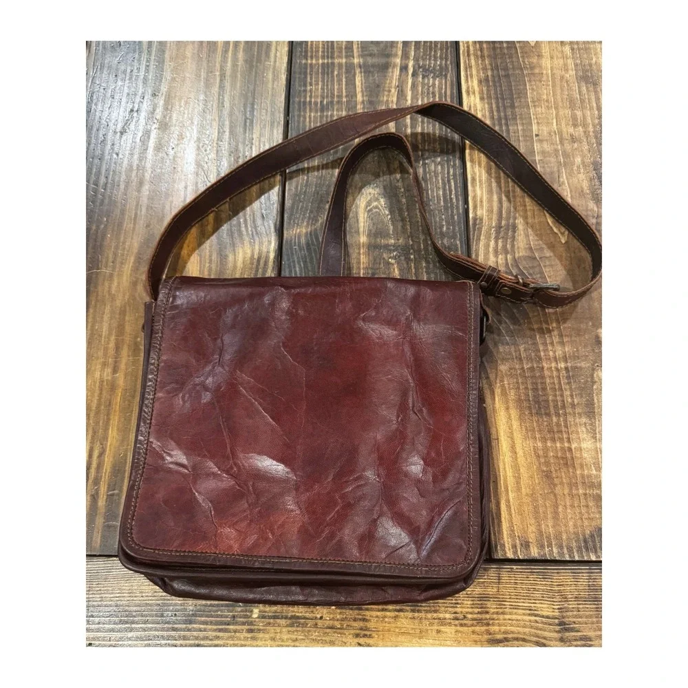 Brown Leather Messenger Bag Satchel Crossbody Distressed Brown Lime Green Lining